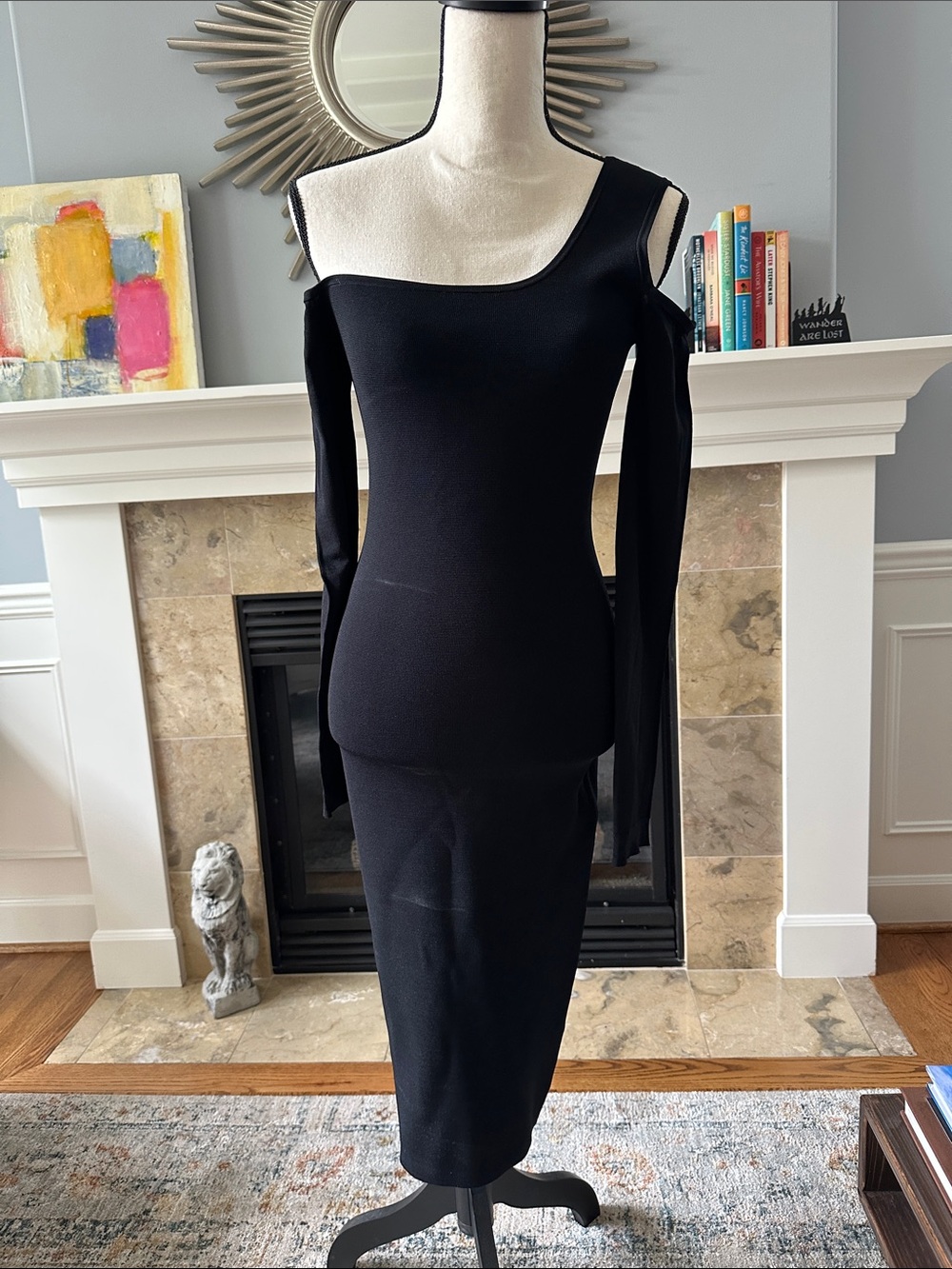 Veronica Beard black cold off shoulder bodycon midi dress, S